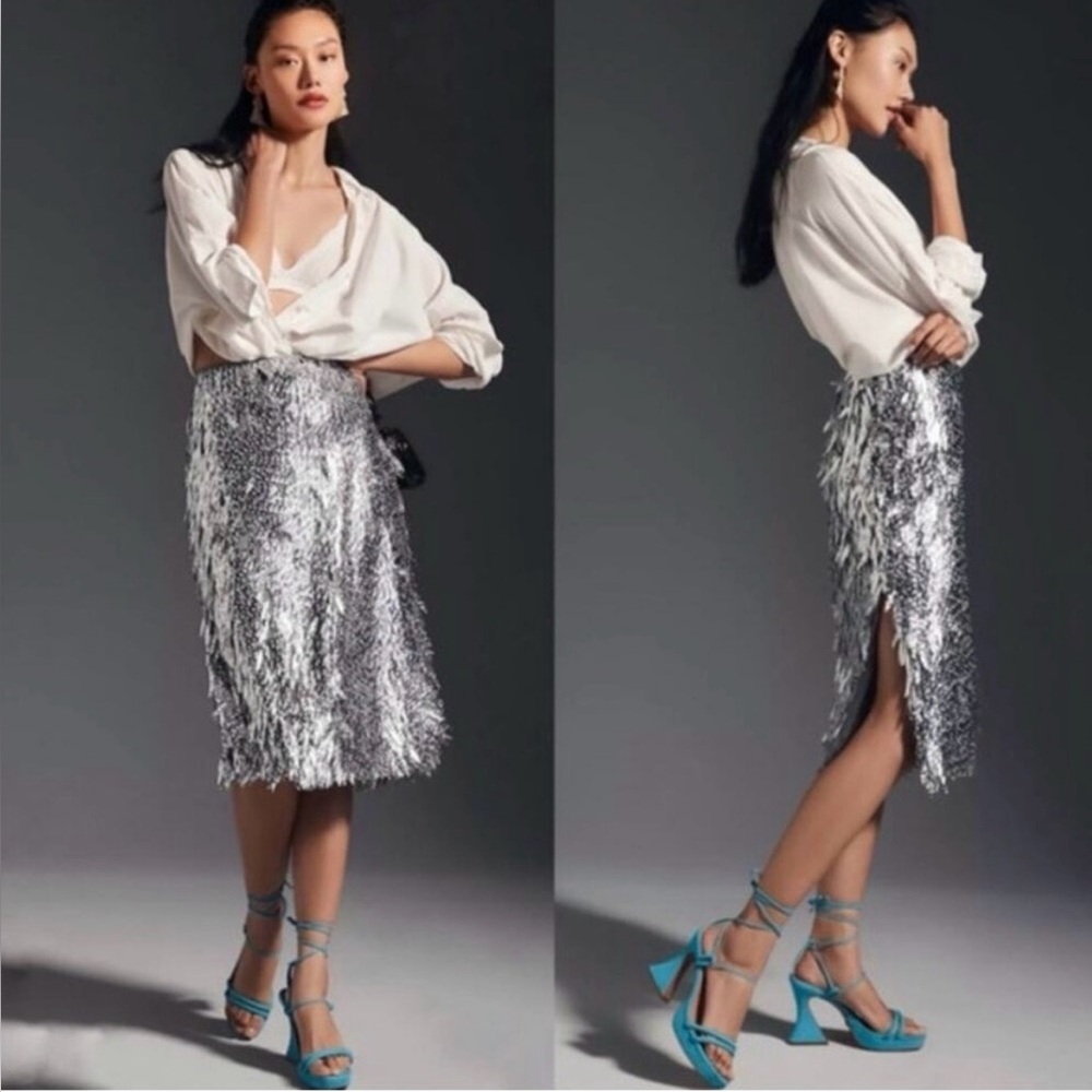 Anthropologie Silver Sequin Pencil Statement Skirt Size 2